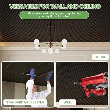 LooYee 6 PCS 2x4 FT PVC Black Fluted Slat Ceiling Tiles, Waterproof, Cover 48 Sq.Ft