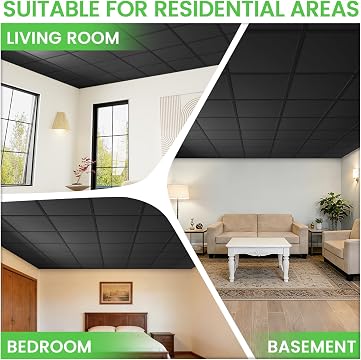 LooYee 24 PCS 2x2 FT PVC Matte Black Smooth Drop Ceiling Tiles, Waterproof Fire‑Rated, Cover 96 Sq.Ft