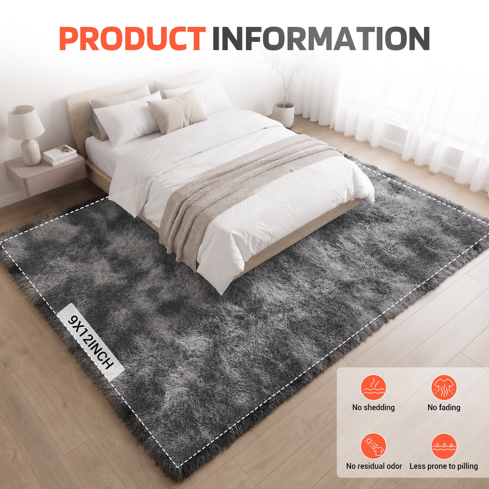 LooYee 8x10/9x12 FT Black and Grey Shag Area Rug, Non-Slip Non-Shedding Easy Clean
