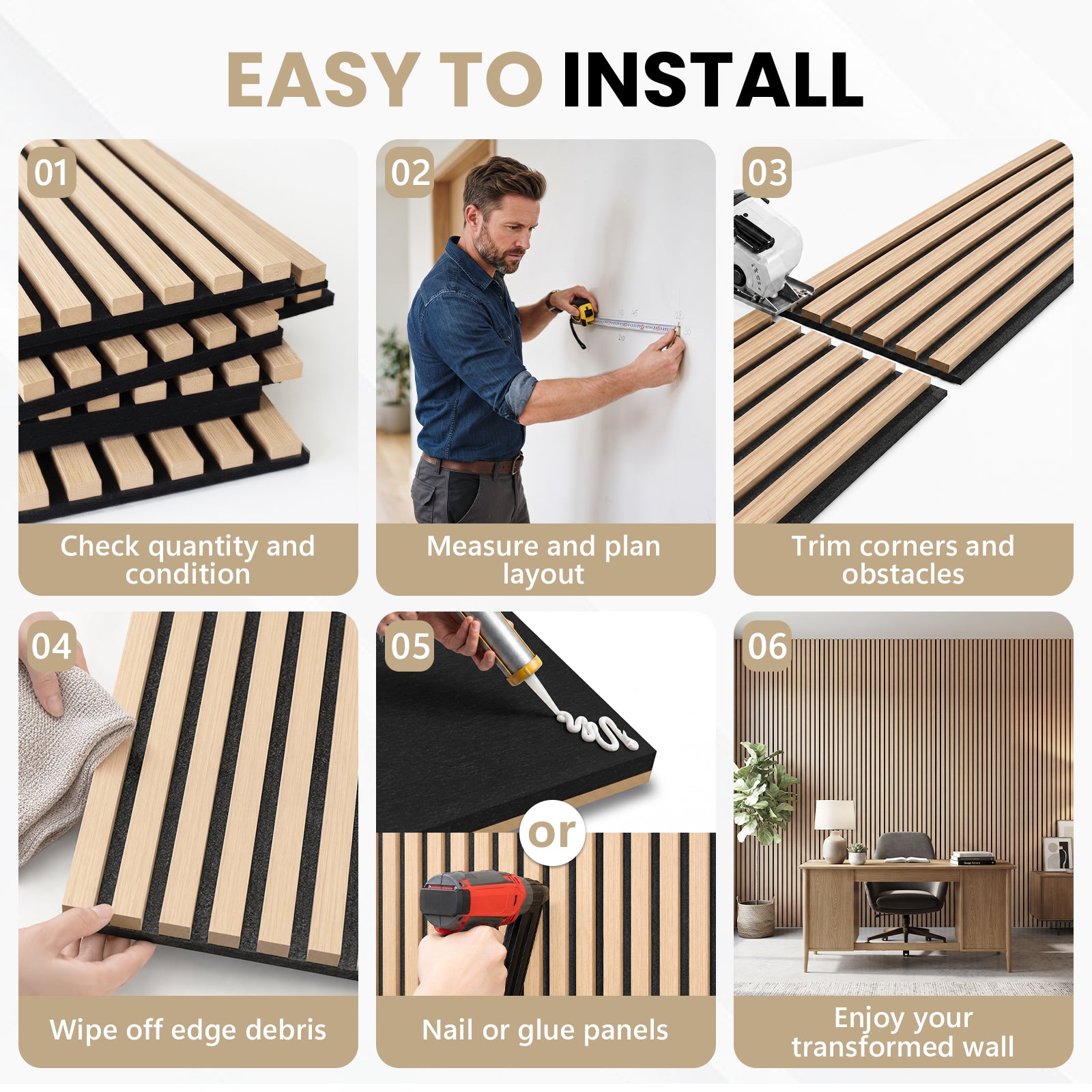LooYee 6 Pack Acoustic Wood Slat Wall Panels 94.5x9x0.8 Inch Walnut/Teak