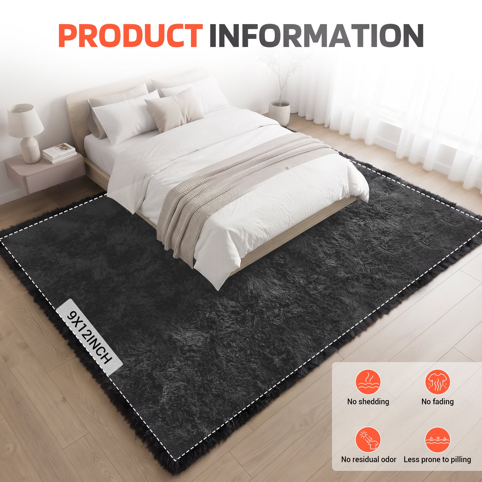 LooYee 8x10/9x12 FT Black and Grey Shag Area Rug, Non-Slip Non-Shedding Easy Clean