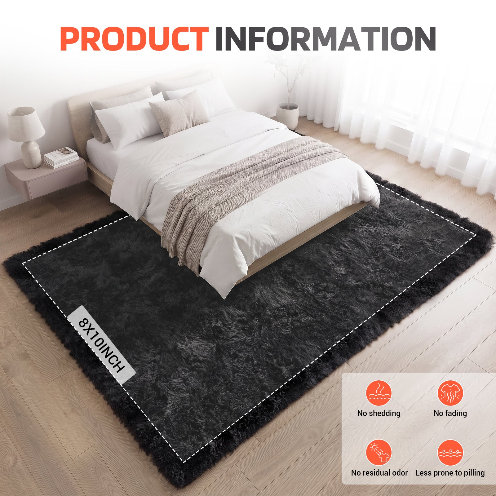 LooYee 8x10/9x12 FT Black and Grey Shag Area Rug, Non-Slip Non-Shedding Easy Clean