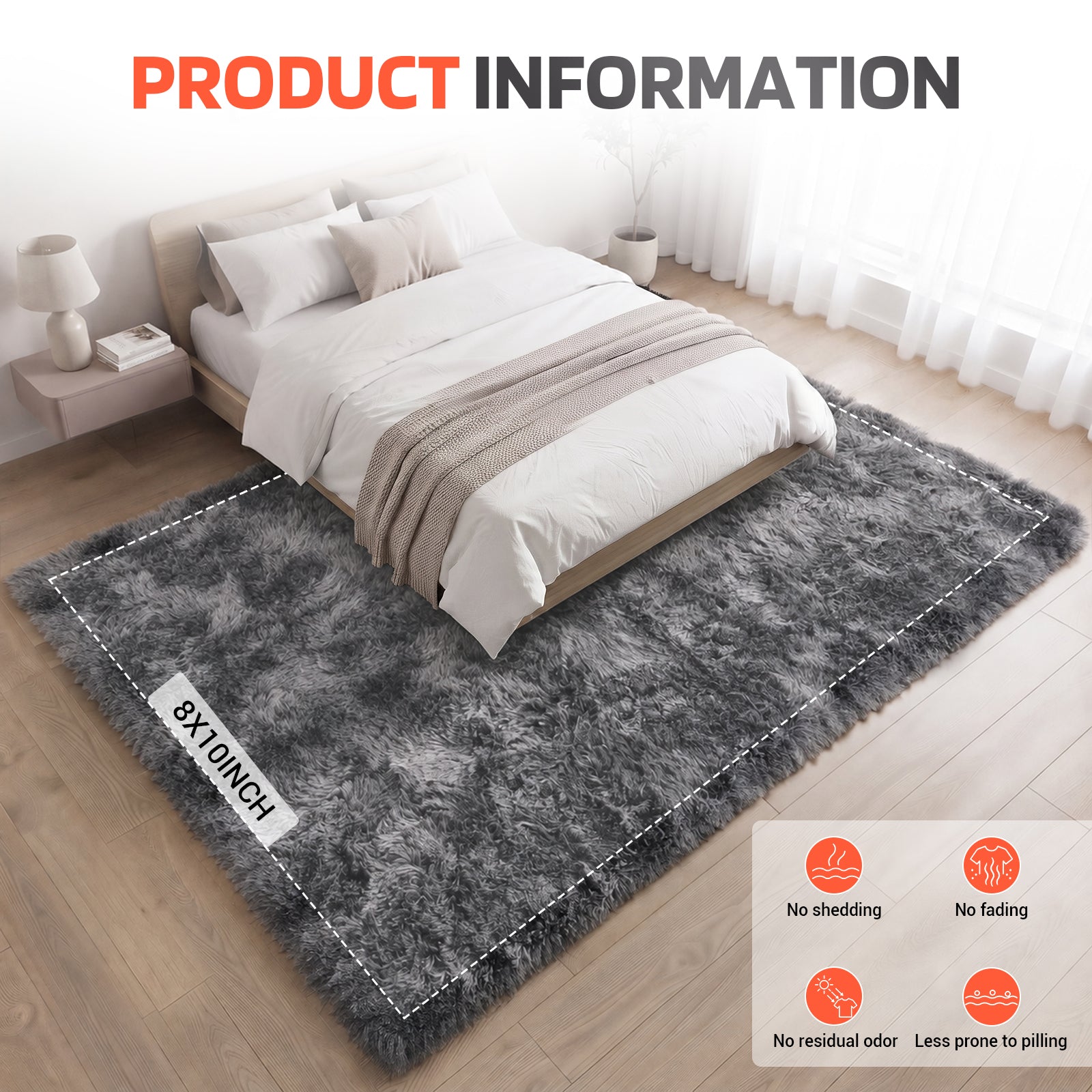 LooYee 8x10/9x12 FT Black and Grey Shag Area Rug, Non-Slip Non-Shedding Easy Clean