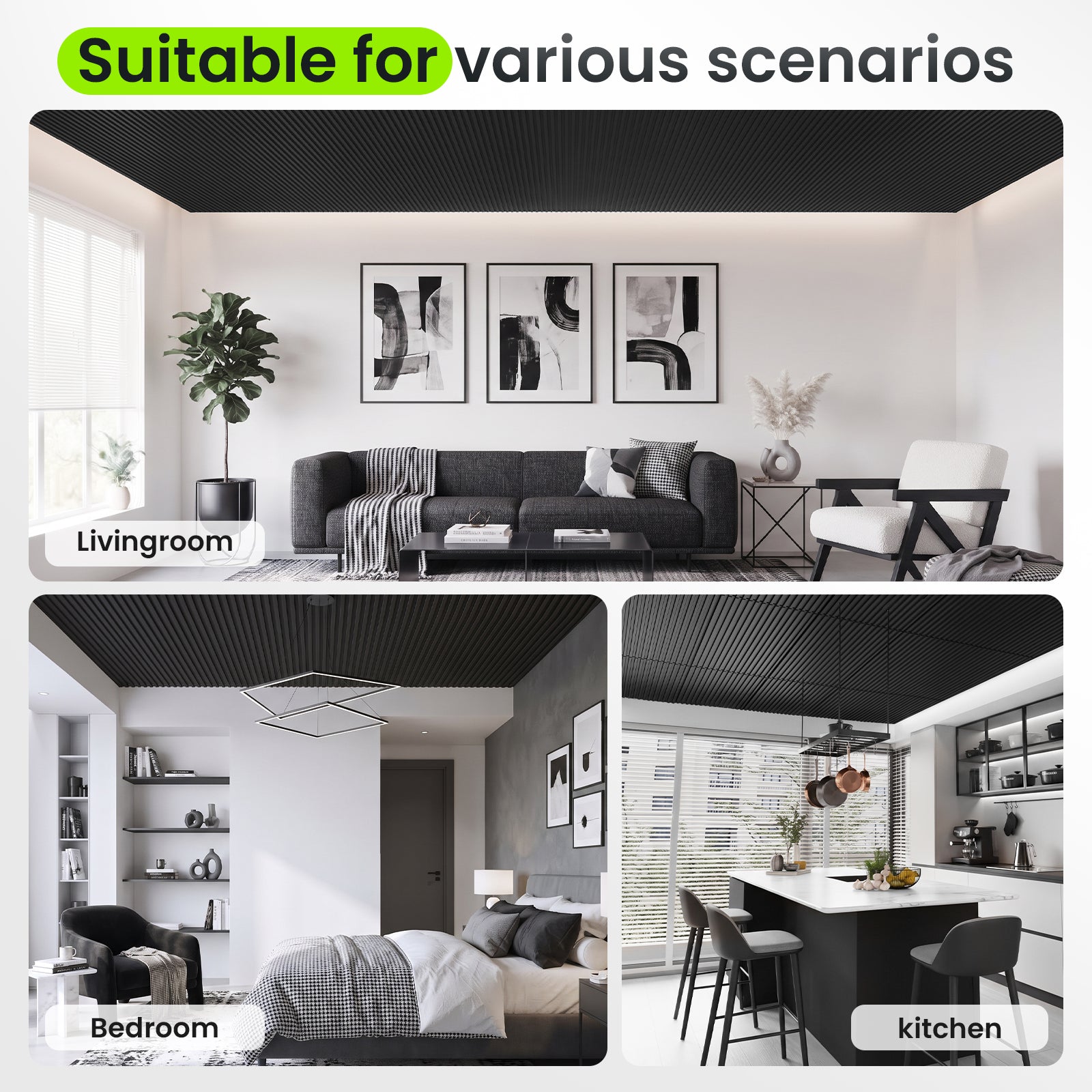 LooYee 24/6 PCS 2x4 FT PVC Black/White Drop Ceiling Tiles, Waterproof Washable Fire‑Rated, Cover 192 Sq.Ft