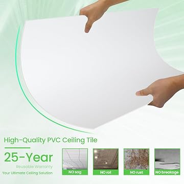 LooYee 24 PCS 2x2 FT PVC White Smooth Drop Ceiling Tiles, Waterproof Fire‑Rated, Cover 96 Sq.Ft