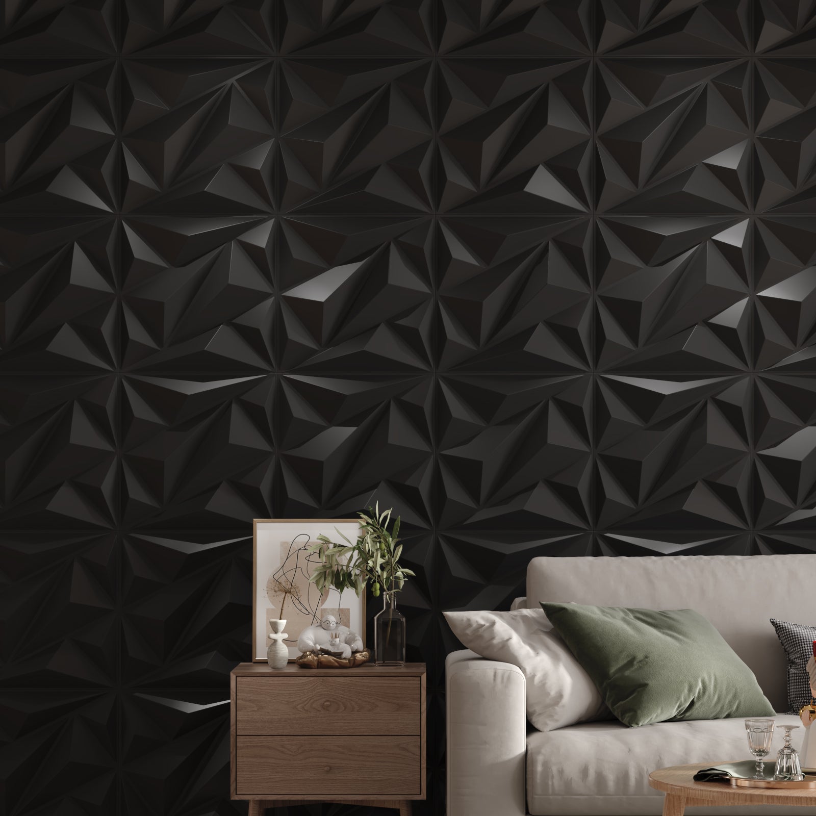 LooYee 64 Sq. Ft. Modern Textured Diamond 3d Wall Panels，24pcs 19.7" X 19.7" Pvc Wall Panels For Interior Wall Decor, Suitable For Bedrooms Game Rooms Living Rooms Hotel Office Lobby Black