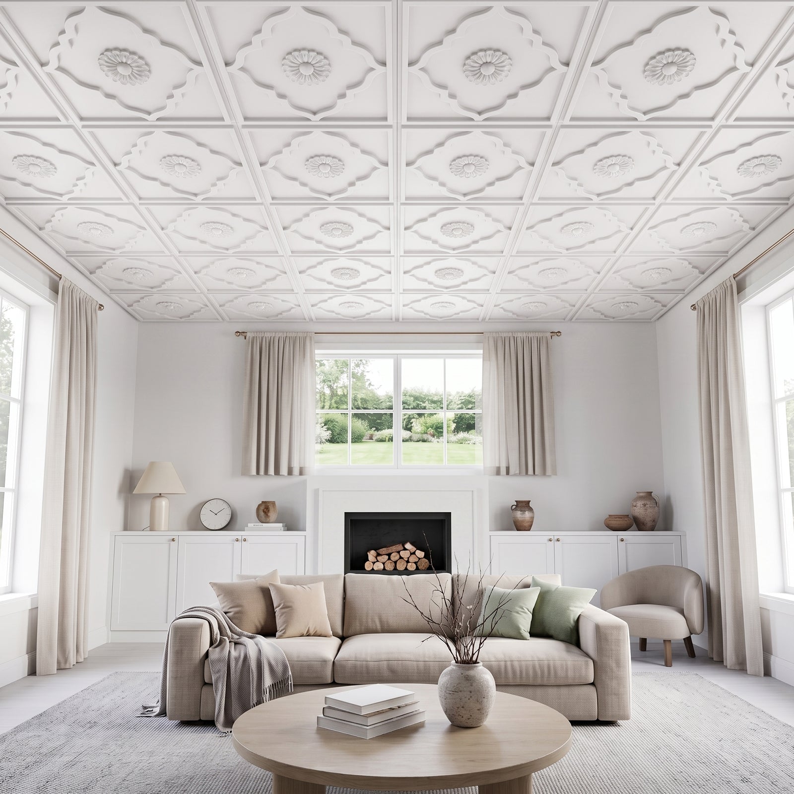 LooYee 24 PCS 2x2 FT PVC Floral Diamond Grid Decorative Ceiling Tiles