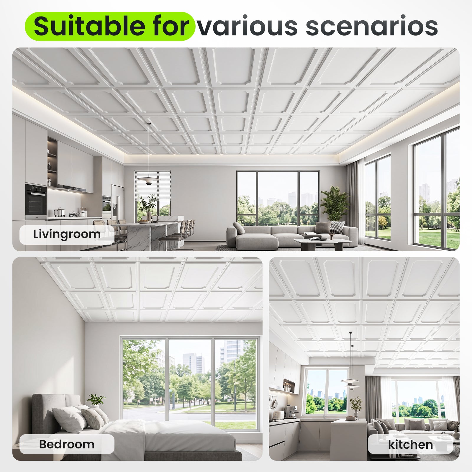 LooYee 24/6 PCS 2x4 FT PVC Black/White Drop Ceiling Tiles, Waterproof Washable Fire‑Rated, Cover 192 Sq.Ft
