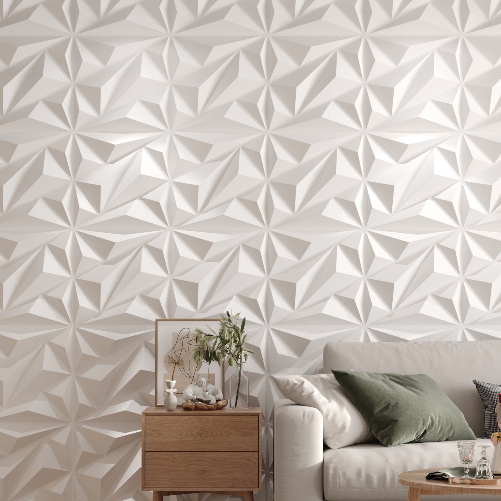 LooYee 64 Sq. Ft. Modern Textured Diamond 3d Wall Panels，24 pcs 19.7" X 19.7" Pvc Wall Panels For Interior Wall Decor, Suitable For Bedrooms Game Rooms Living Rooms Hotel Office Lobby White