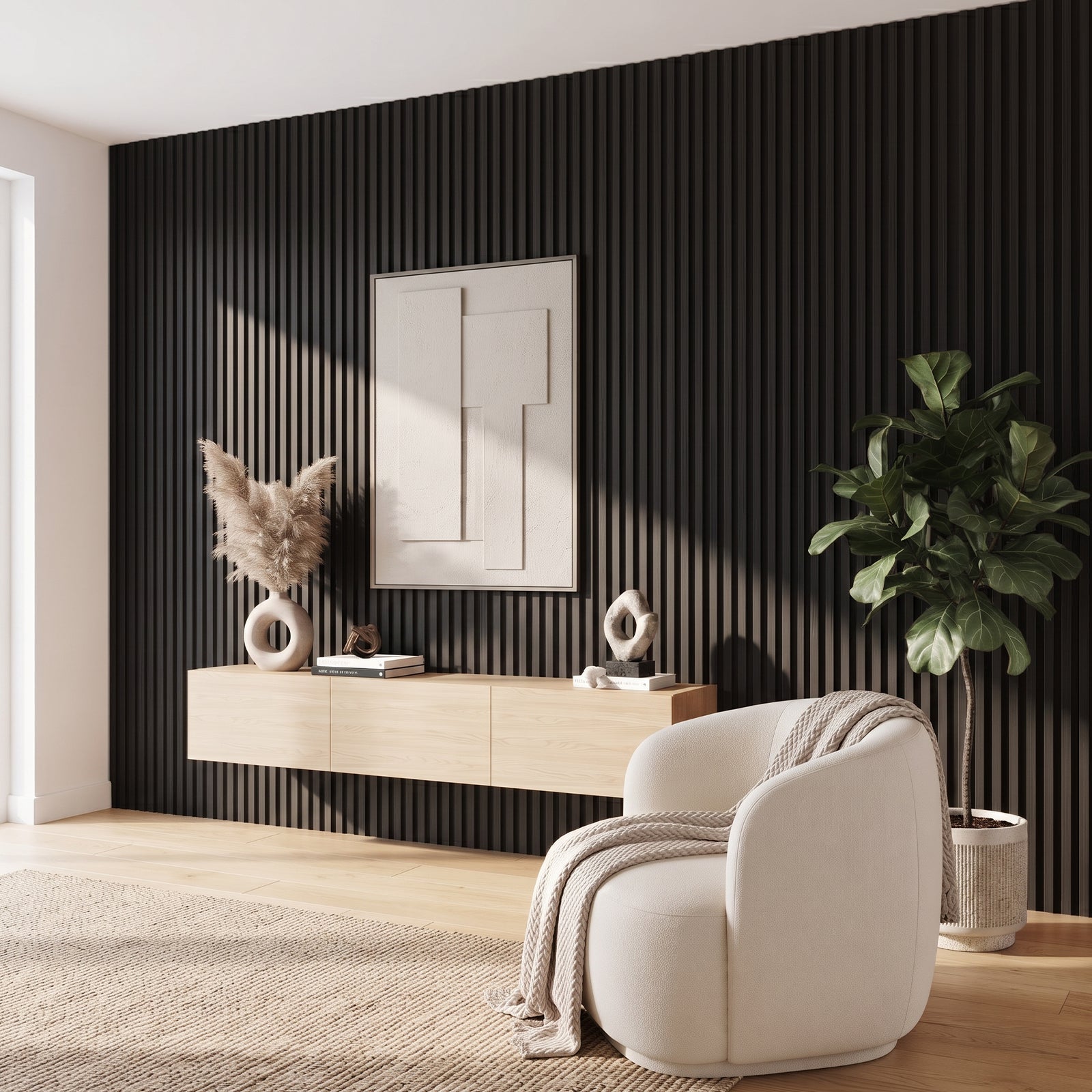 LooYee 10 Pack WPC Slat Wall panels 90.6 x 6 Inch Black/Teak Cover 38 Sq.Ft