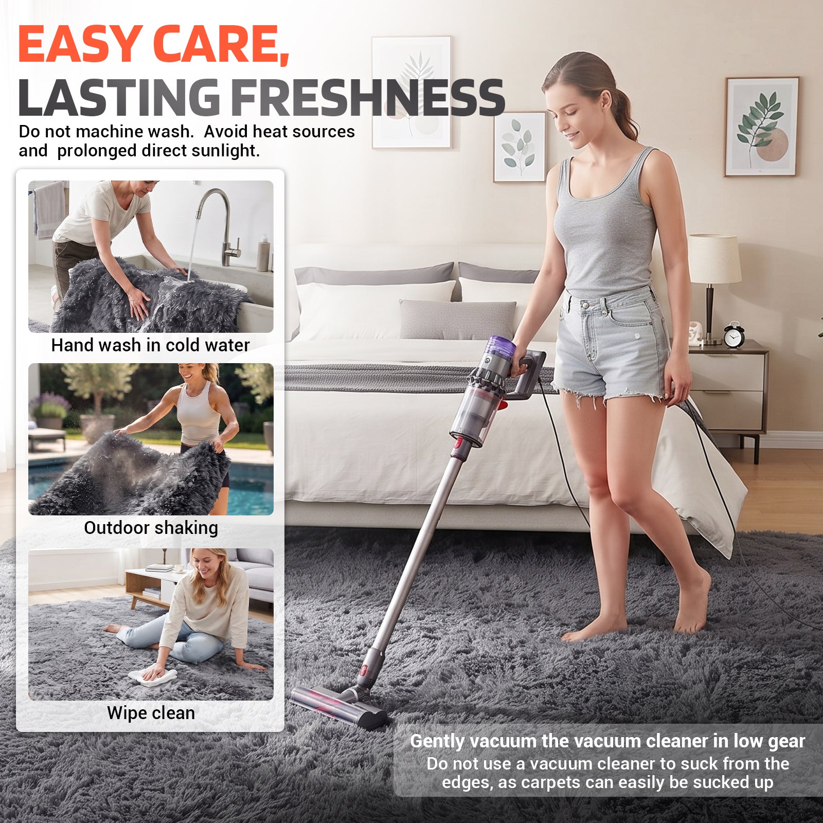 LooYee 8x10/9x12 FT Black and Grey Shag Area Rug, Non-Slip Non-Shedding Easy Clean