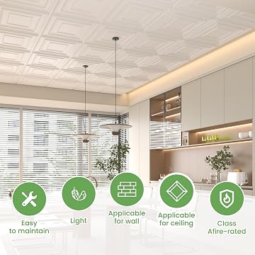 LooYee 24 PCS 2x2 FT PVC White 3D Decorative Drop Ceiling Tiles, Waterproof Washable, Cover 96 Sq.Ft