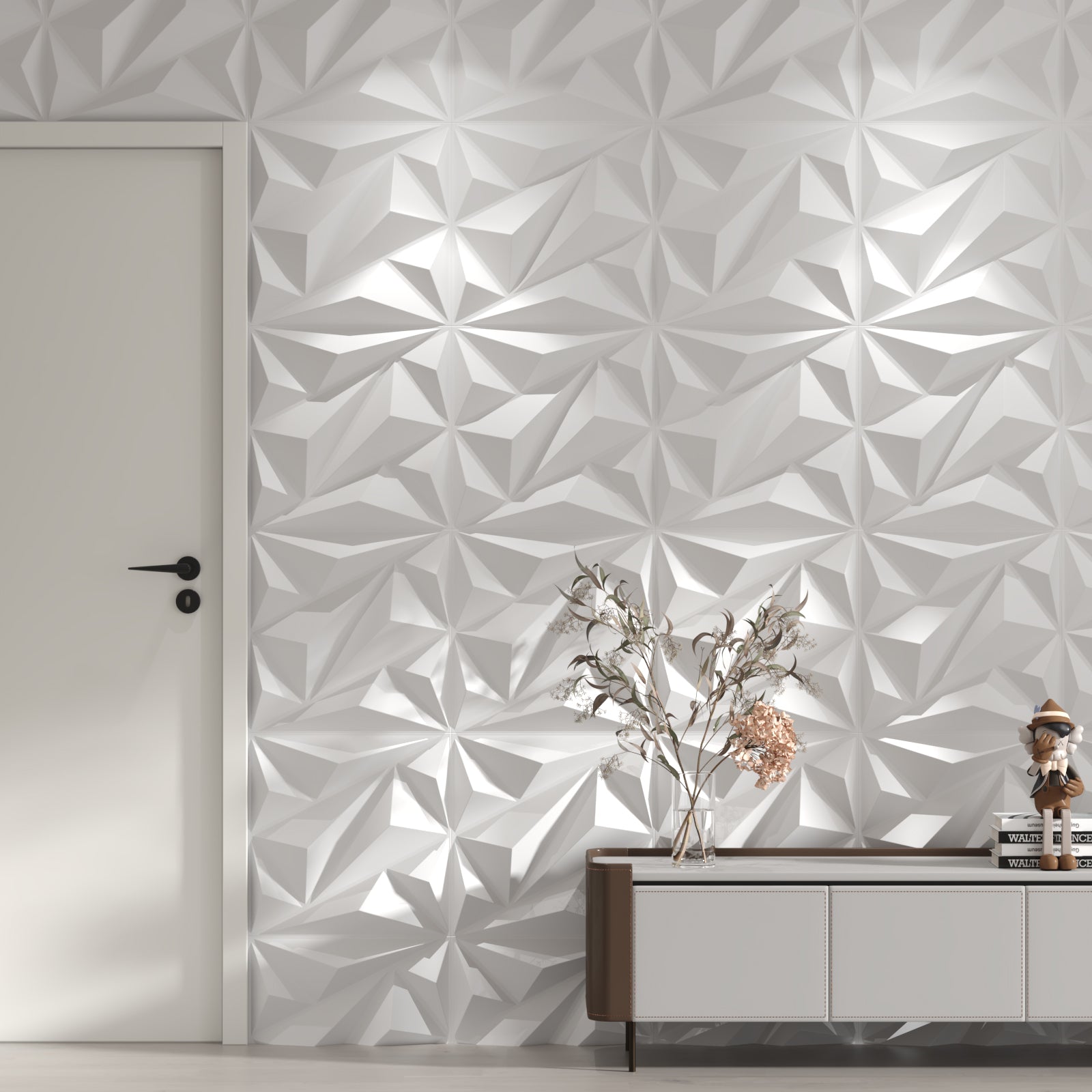 LooYee 64 Sq. Ft. Modern Textured Diamond 3d Wall Panels，24 pcs 19.7" X 19.7" Pvc Wall Panels For Interior Wall Decor, Suitable For Bedrooms Game Rooms Living Rooms Hotel Office Lobby White