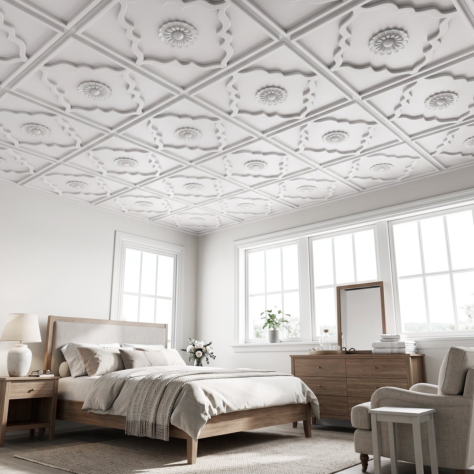 LooYee 24 PCS 2x2 FT PVC Floral Diamond Grid Decorative Ceiling Tiles