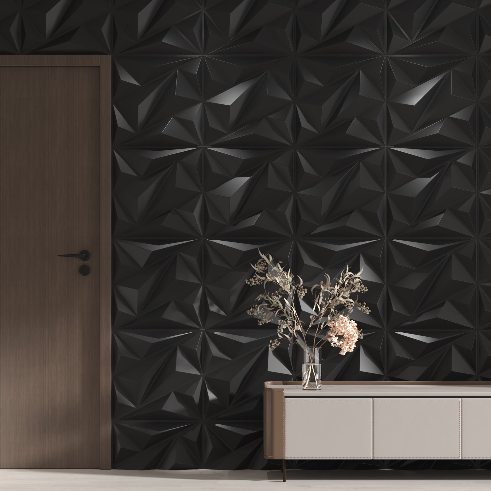 LooYee 64 Sq. Ft. Modern Textured Diamond 3d Wall Panels，24pcs 19.7" X 19.7" Pvc Wall Panels For Interior Wall Decor, Suitable For Bedrooms Game Rooms Living Rooms Hotel Office Lobby Black