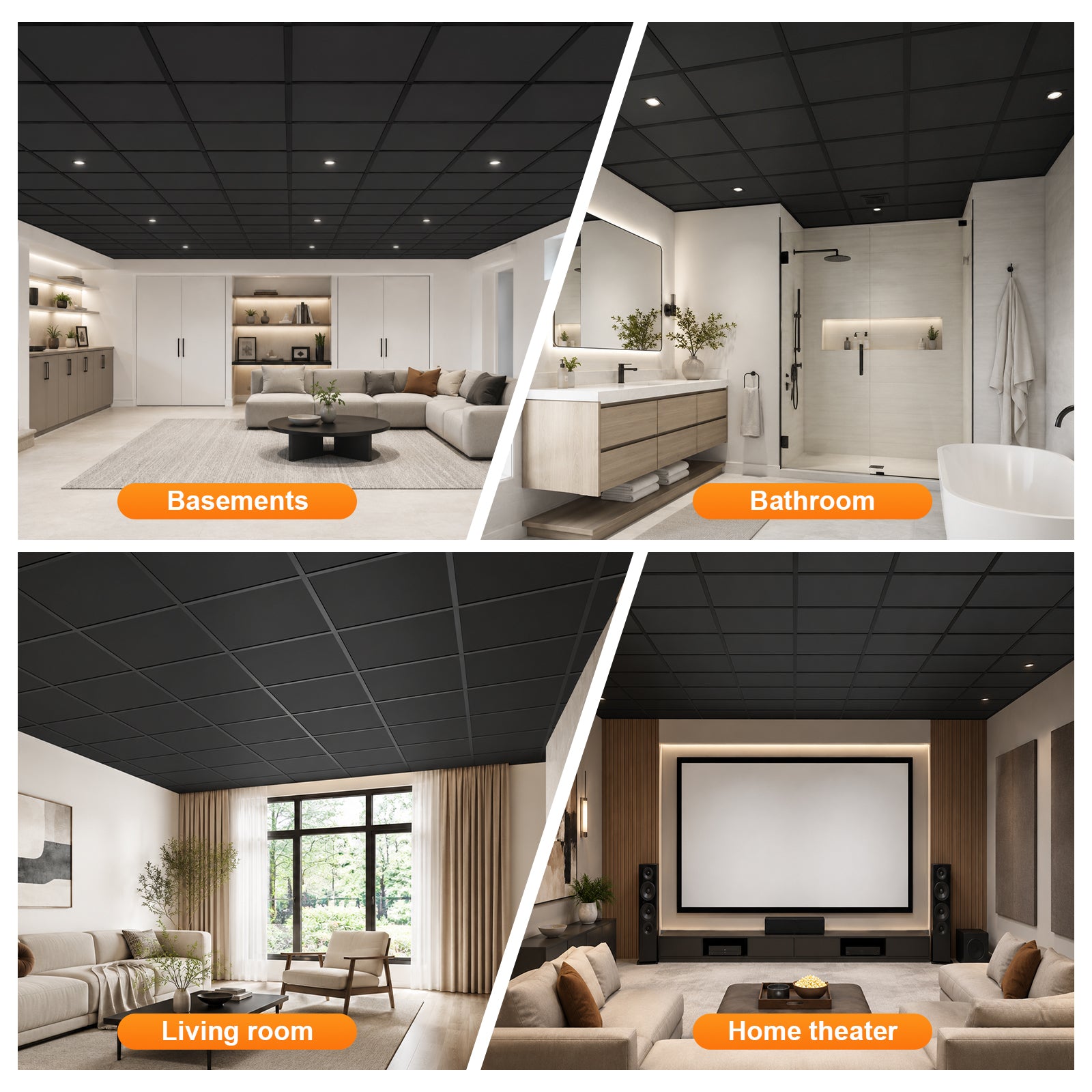 LooYee 20 PCS / 96 Sq.Ft PVC Black/White Snap-On T-Bar Ceiling Grid Covers, Easy Install Durable Wear-Resistant, for Main & Wall Grids