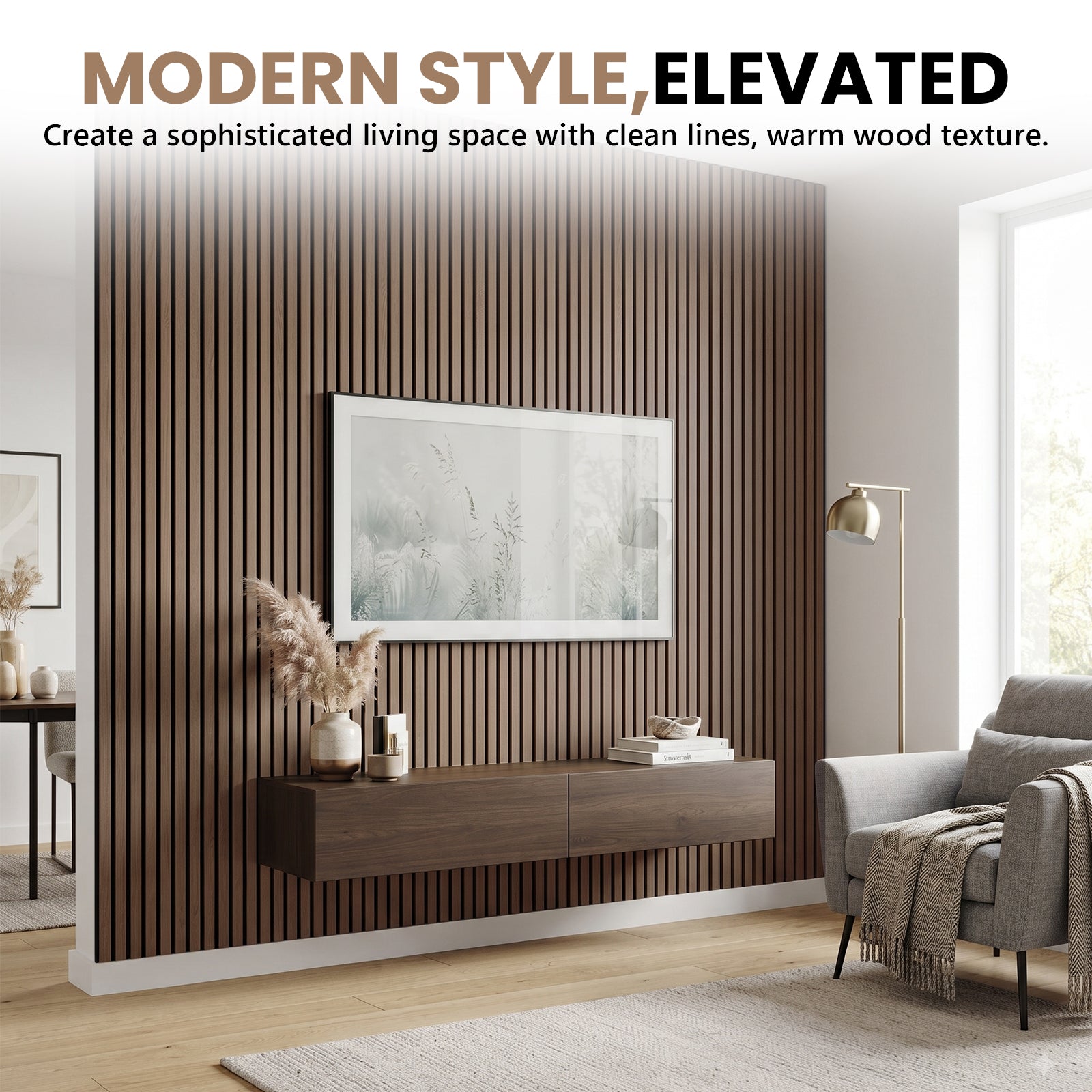 LooYee 6 Pack Acoustic Wood Slat Wall Panels 94.5x9x0.8 Inch Walnut/Teak