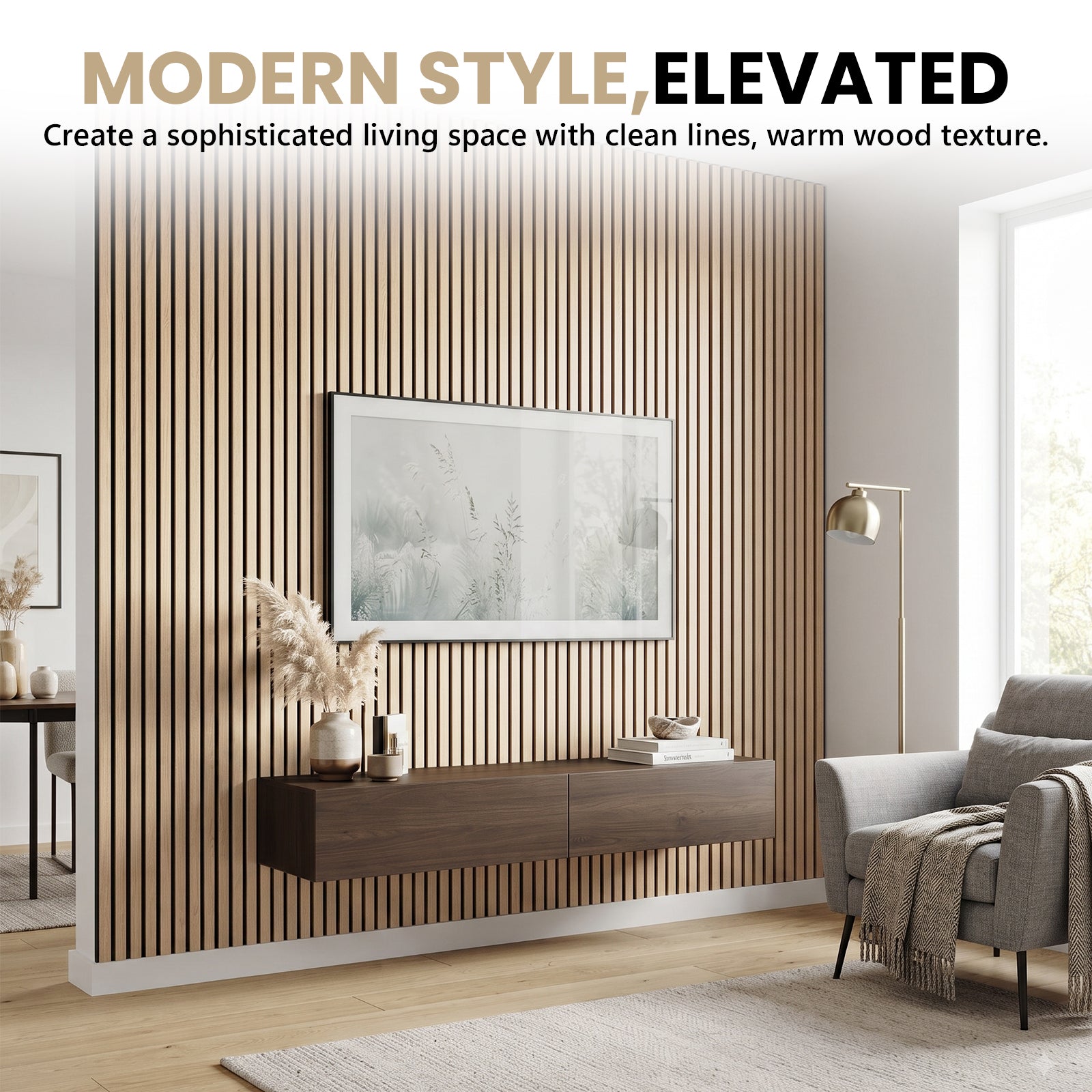 LooYee 6 Pack Acoustic Wood Slat Wall Panels 94.5x9x0.8 Inch Walnut/Teak