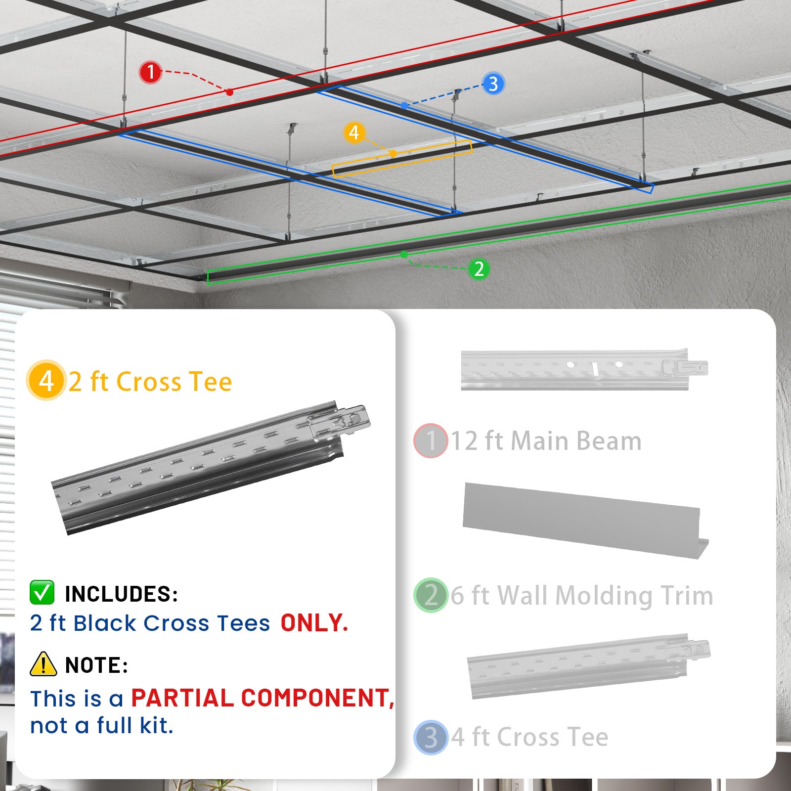LooYee 75 PCS 24 Inch Galvanized Steel Black Cross Tee Drop Ceiling Grid System, Rust & Fire Resistance