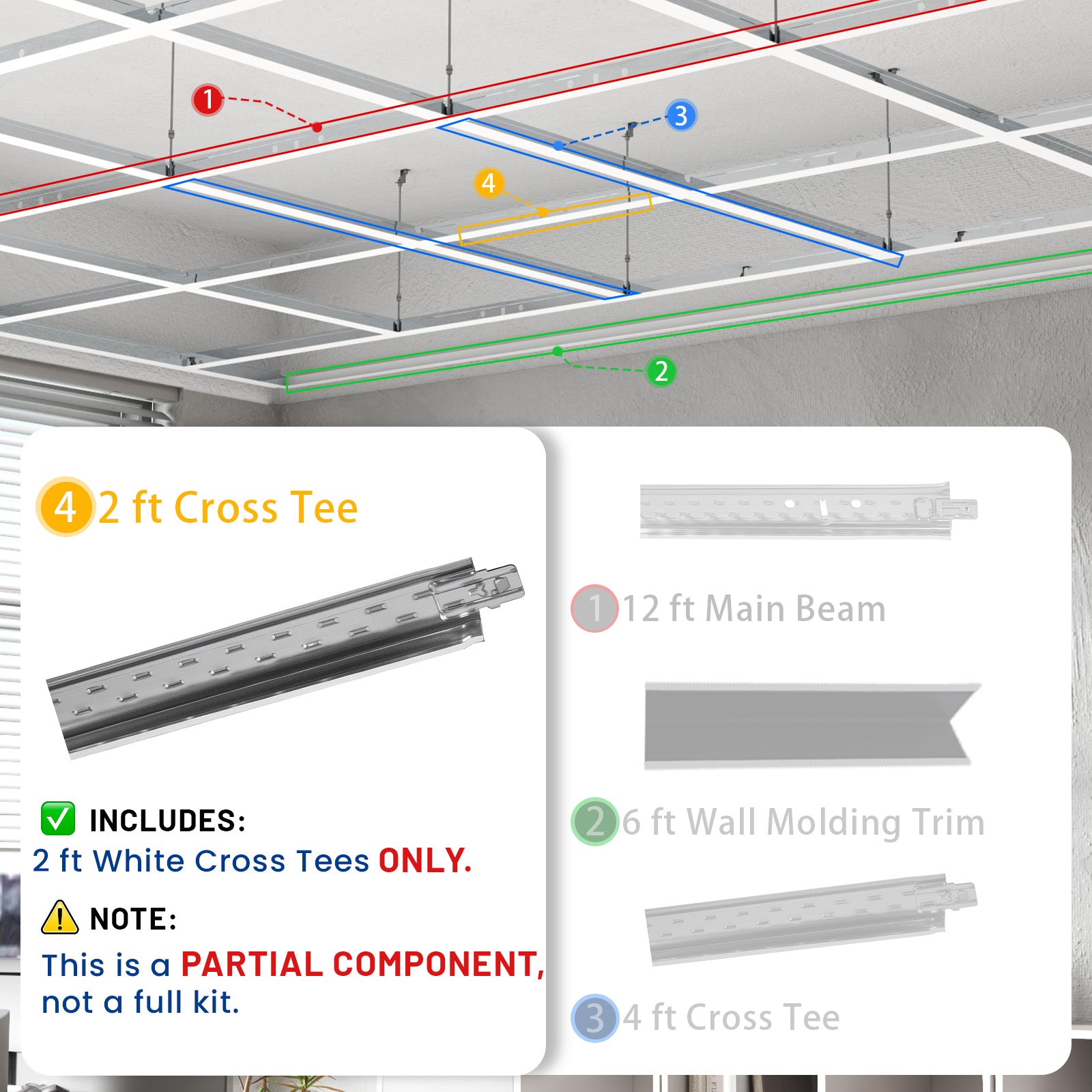 LooYee 75 PCS 24 Inch Galvanized Steel White Cross Tee Drop Ceiling Grid System, Rust & Fire Resistance