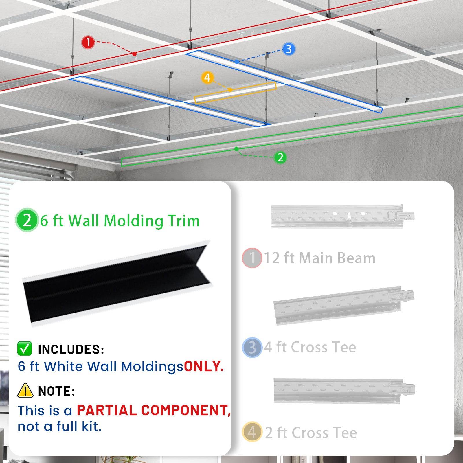 LooYee 50 PCS 72 Inch Galvanized Steel White Wall Molding Trim Drop Ceiling Grid System, Rust & Fire Resistance