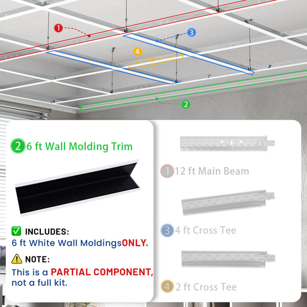 LooYee 50 PCS 72 Inch Galvanized Steel White Wall Molding Trim Drop Ceiling Grid System, Rust & Fire Resistance