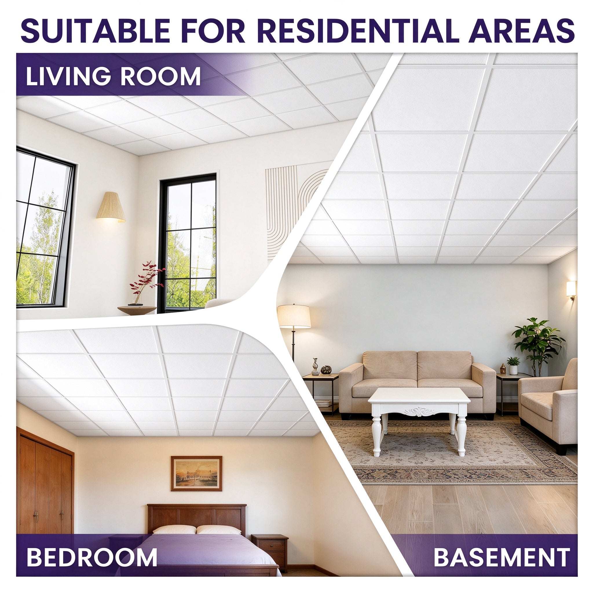 LooYee 24/20/12 PCS 2x2/2x4 FT PVC White/Black Smooth Drop Ceiling Tiles, Waterproof Fire-Rated Reusable, Cover 160/96 Sq.Ft
