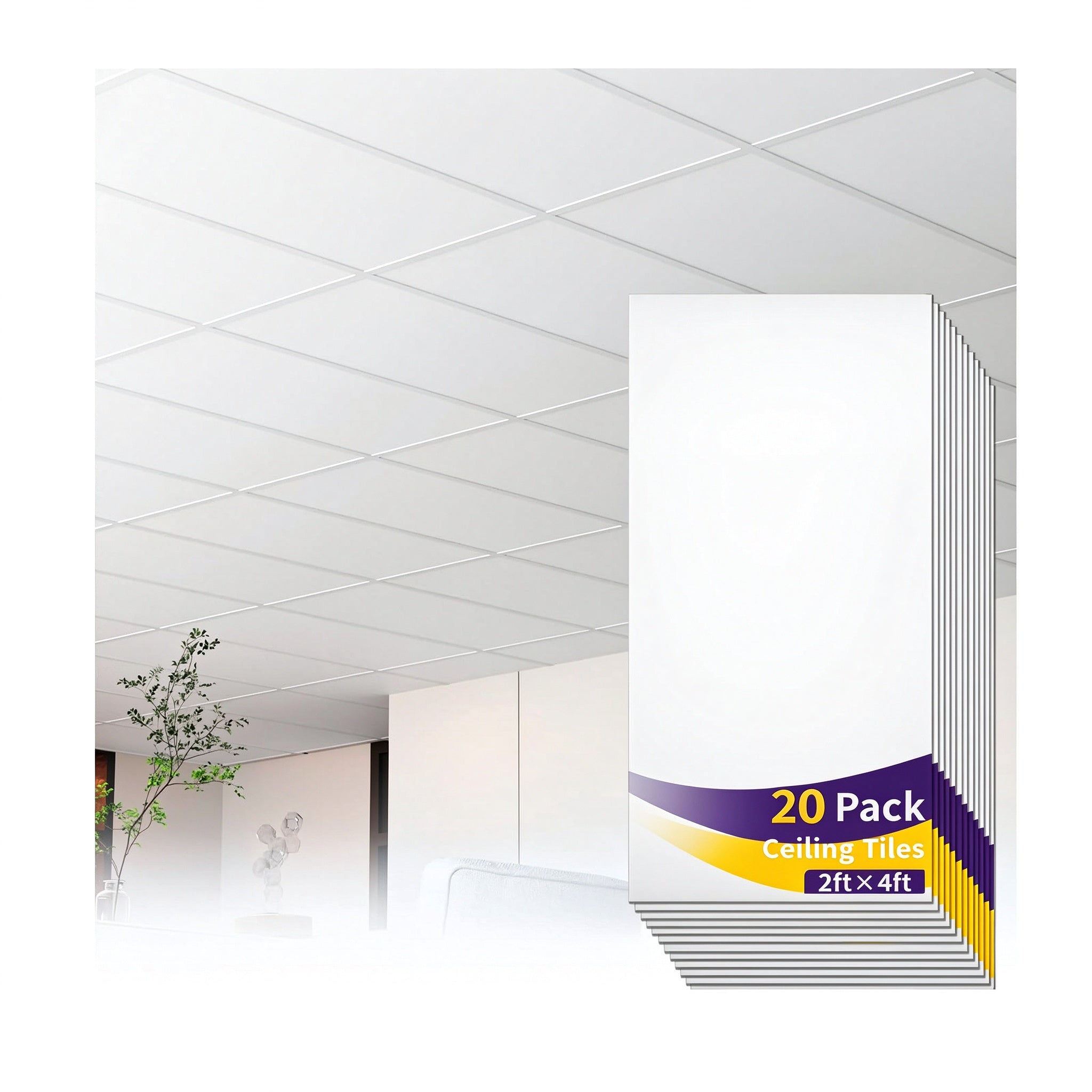 LooYee 24/20/12 PCS 2x2/2x4 FT PVC White/Black Smooth Drop Ceiling Tiles, Waterproof Fire-Rated Reusable, Cover 160/96 Sq.Ft