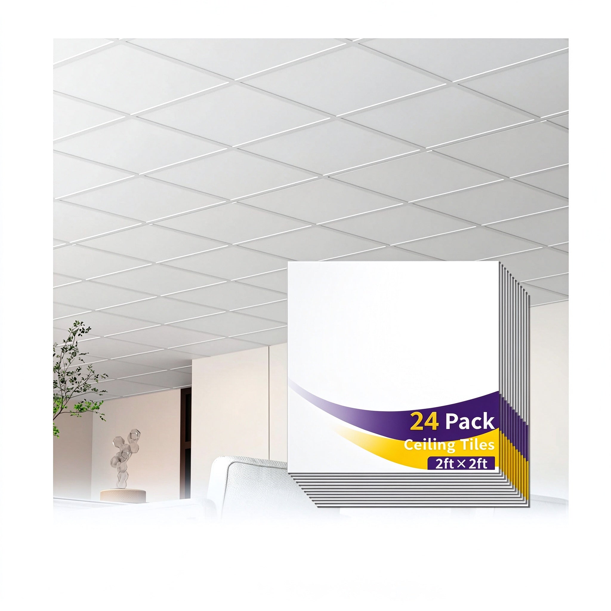 LooYee 24/20/12 PCS 2x2/2x4 FT PVC White/Black Smooth Drop Ceiling Tiles, Waterproof Fire-Rated Reusable, Cover 160/96 Sq.Ft