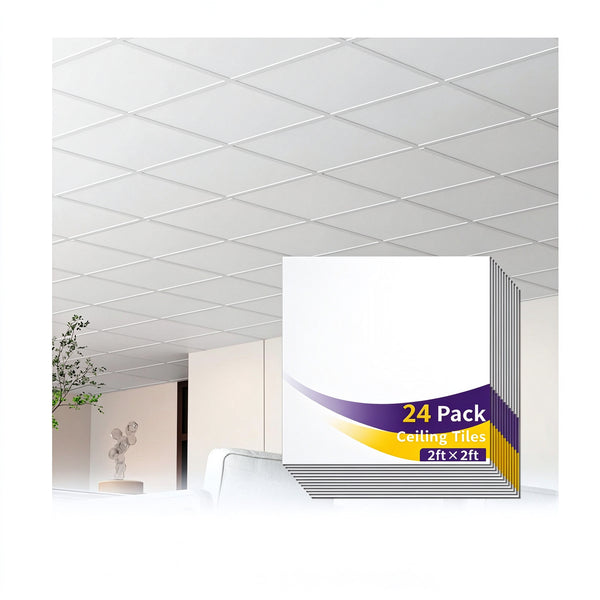 LooYee 24/20/12 PCS 2x2/2x4 FT PVC White/Black Smooth Drop Ceiling Tiles, Waterproof Fire-Rated Reusable, Cover 160/96 Sq.Ft