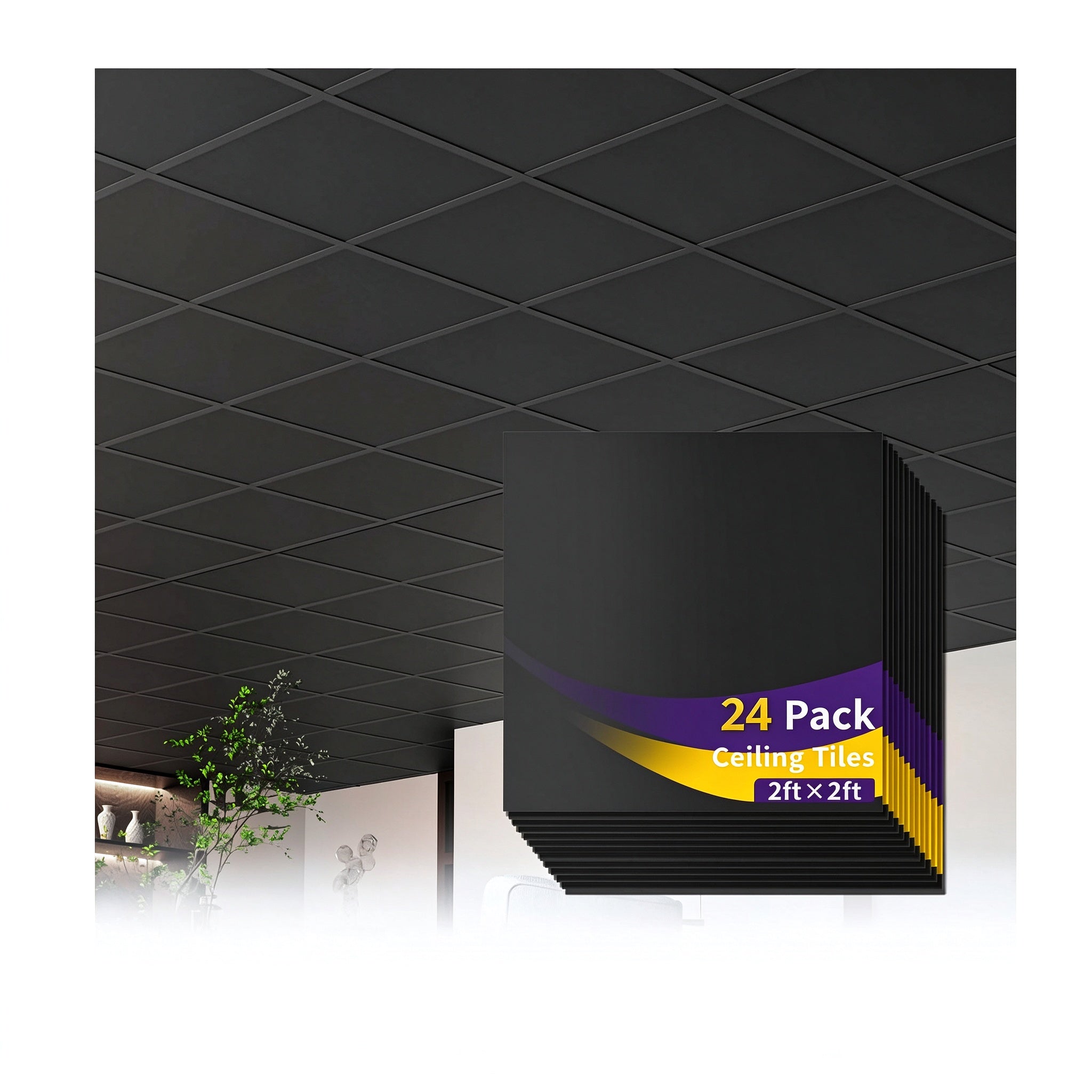 LooYee 24/20/12 PCS 2x2/2x4 FT PVC White/Black Smooth Drop Ceiling Tiles, Waterproof Fire-Rated Reusable, Cover 160/96 Sq.Ft