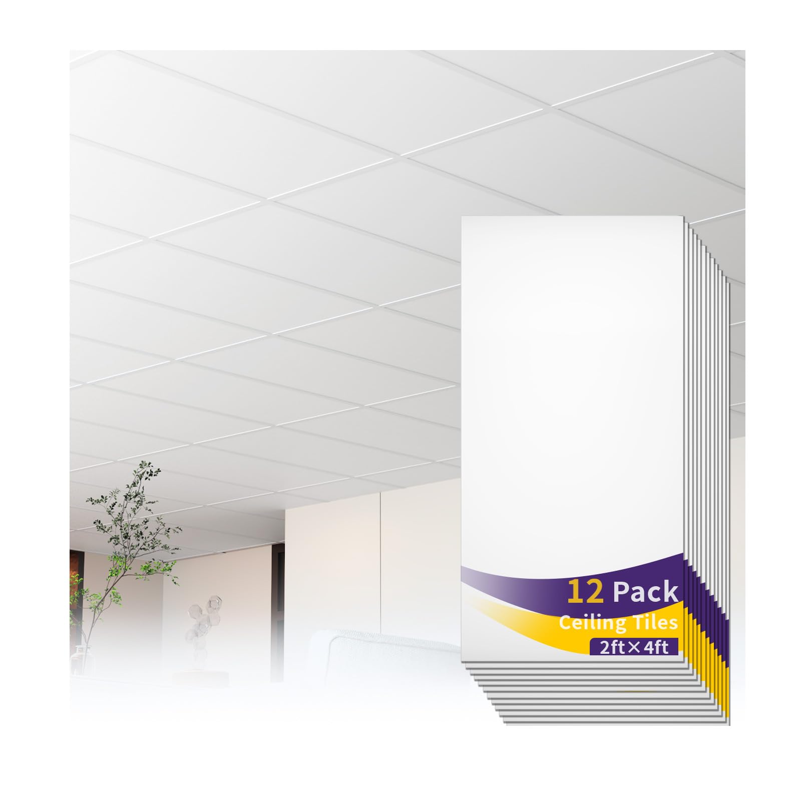 LooYee 24/20/12 PCS 2x2/2x4 FT PVC White/Black Smooth Drop Ceiling Tiles, Waterproof Fire-Rated Reusable, Cover 160/96 Sq.Ft
