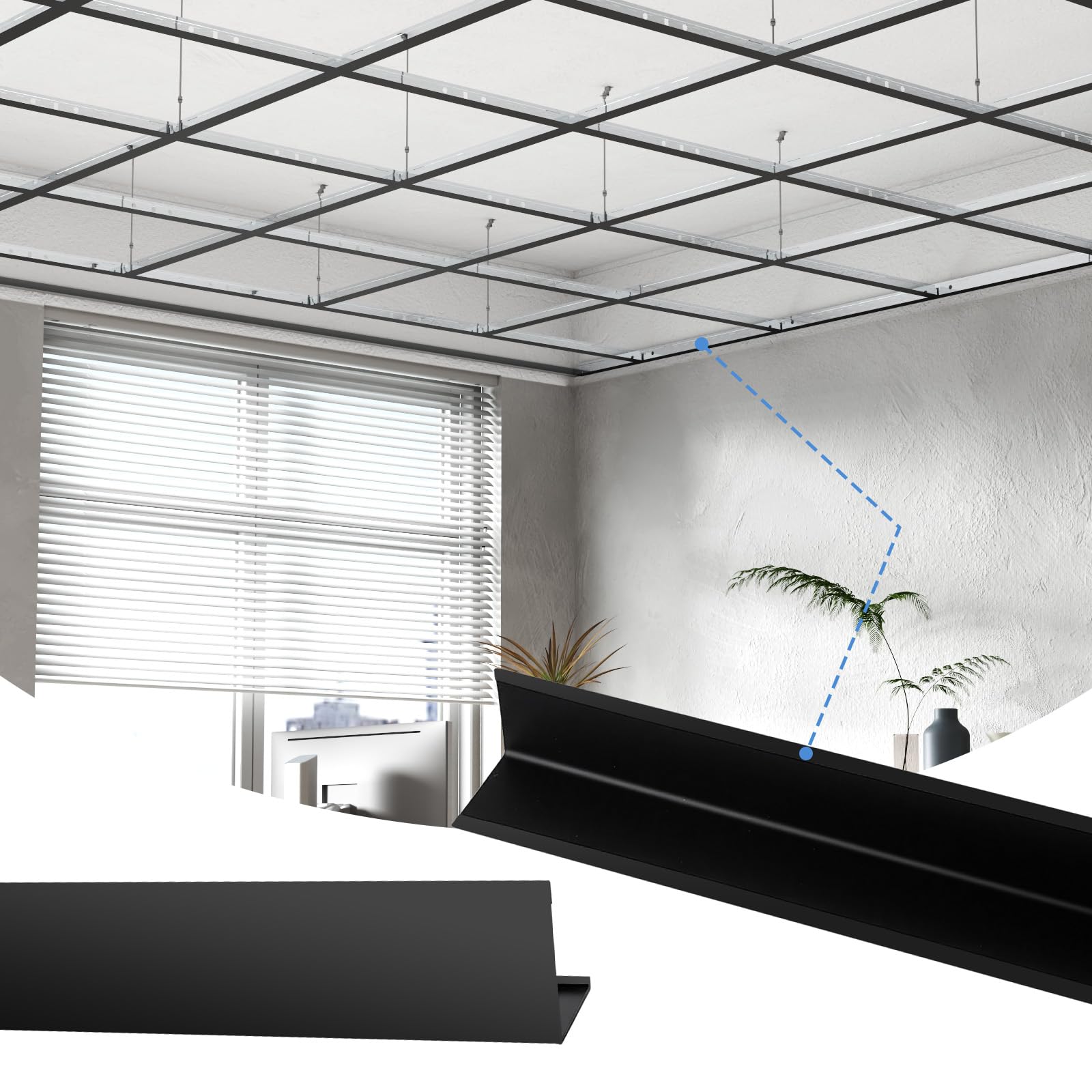 LooYee 10 PCS 72 Inch Galvanized Steel Black Wall Molding Trim Drop Ceiling Grid System, Rust & Fire Resistance