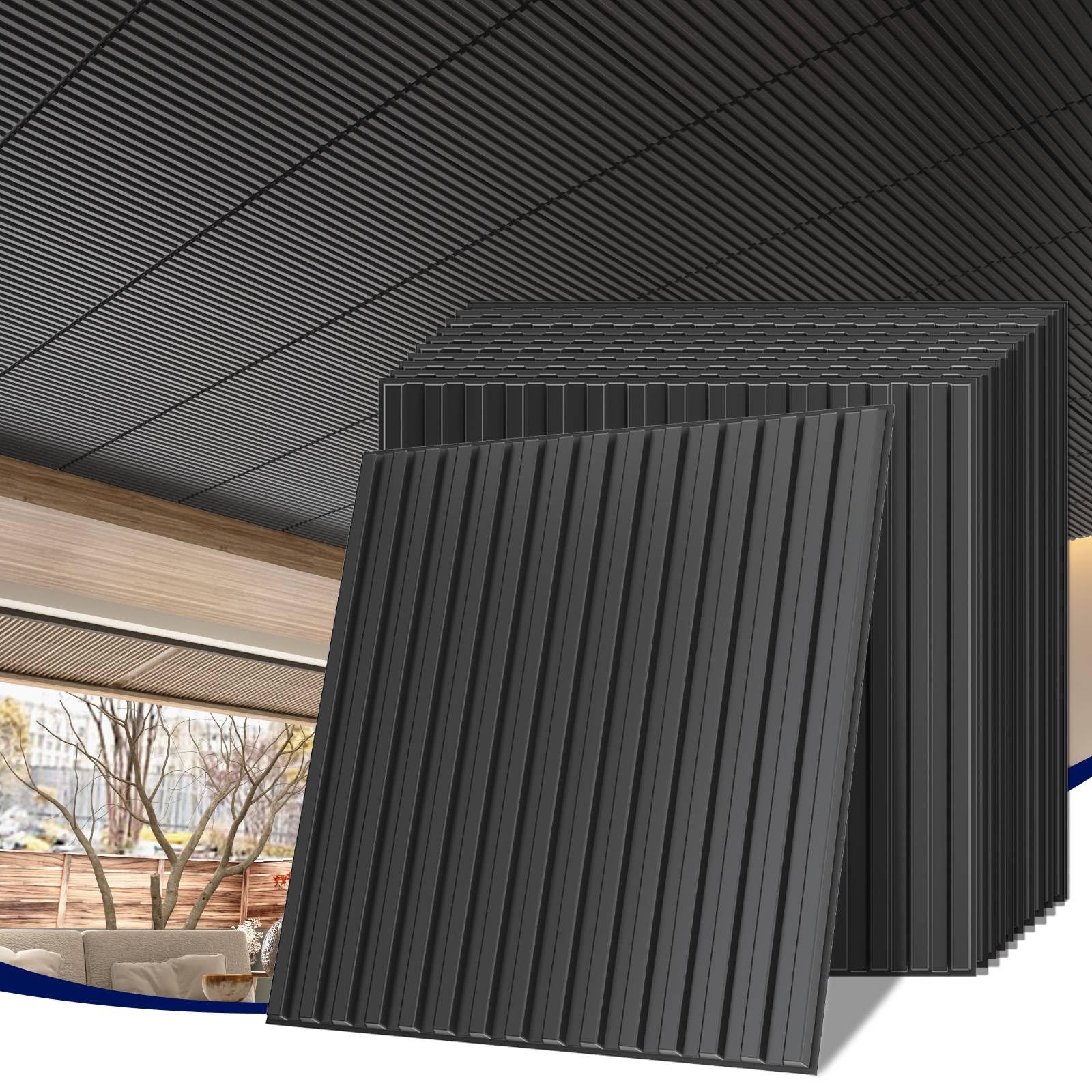 LooYee 24 PCS 2x2/2x4 FT PVC Black/White Fluted Slat Drop Ceiling Tiles, Waterproof, Cover 96/192 Sq.Ft