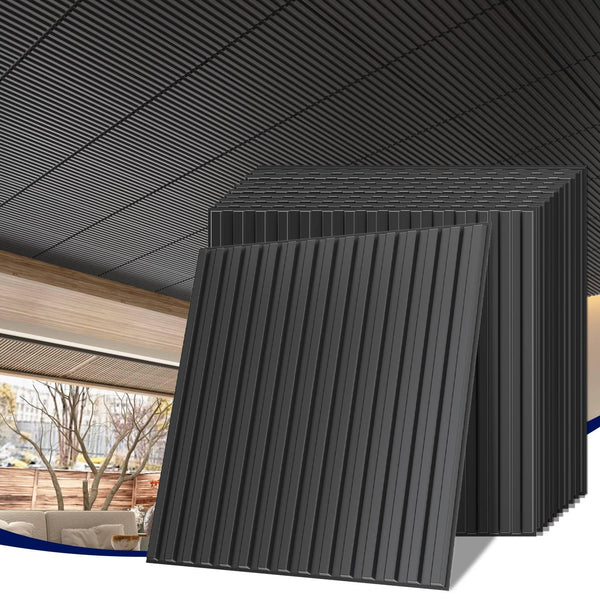 LooYee 24 PCS 2x2/2x4 FT PVC Black/White Fluted Slat Drop Ceiling Tiles, Waterproof, Cover 96/192 Sq.Ft