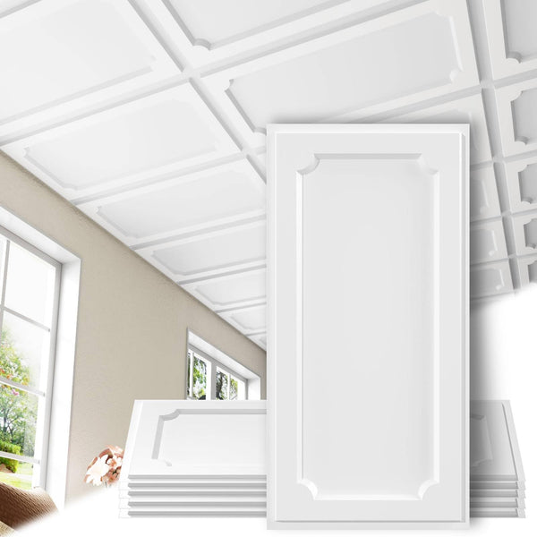 LooYee 24 PCS 2x4 FT PVC White Drop Ceiling Tiles, Waterproof Washable Fire‑Rated, Cover 192 Sq.Ft