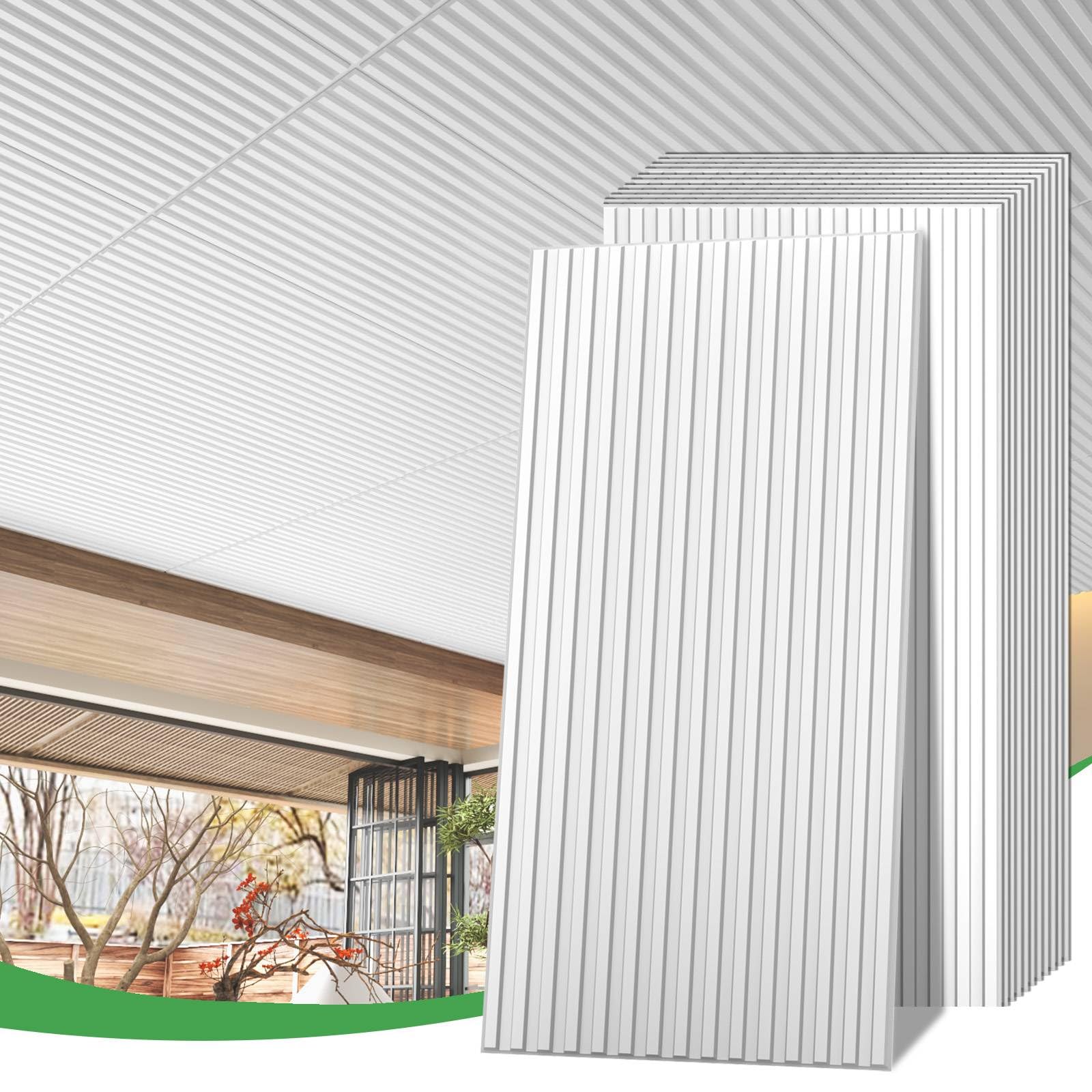 LooYee 6 PCS 2x4 FT PVC White Fluted Slat Ceiling Tiles, Waterproof, Cover 48 Sq.Ft