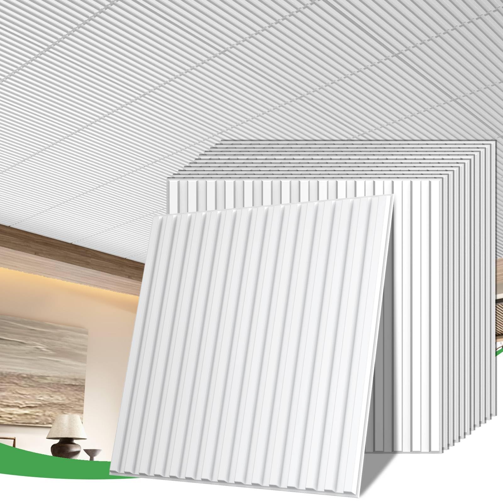 LooYee 24 PCS 2x2/2x4 FT PVC Black/White Fluted Slat Drop Ceiling Tiles, Waterproof, Cover 96/192 Sq.Ft
