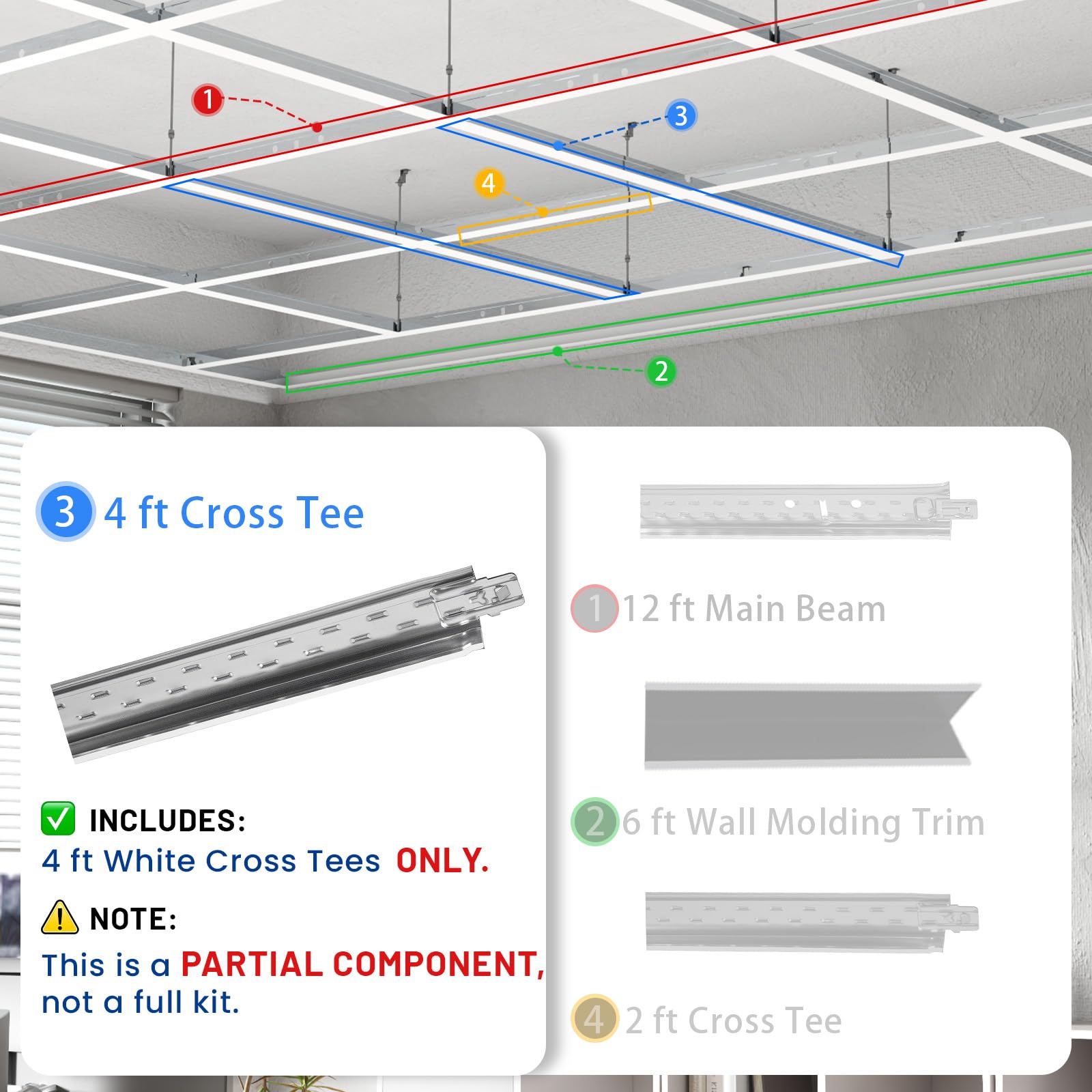 LooYee 10 PCS 12/6/4/2 Ft Galvanized Steel White/Black Cross Tee Drop Ceiling Grid System