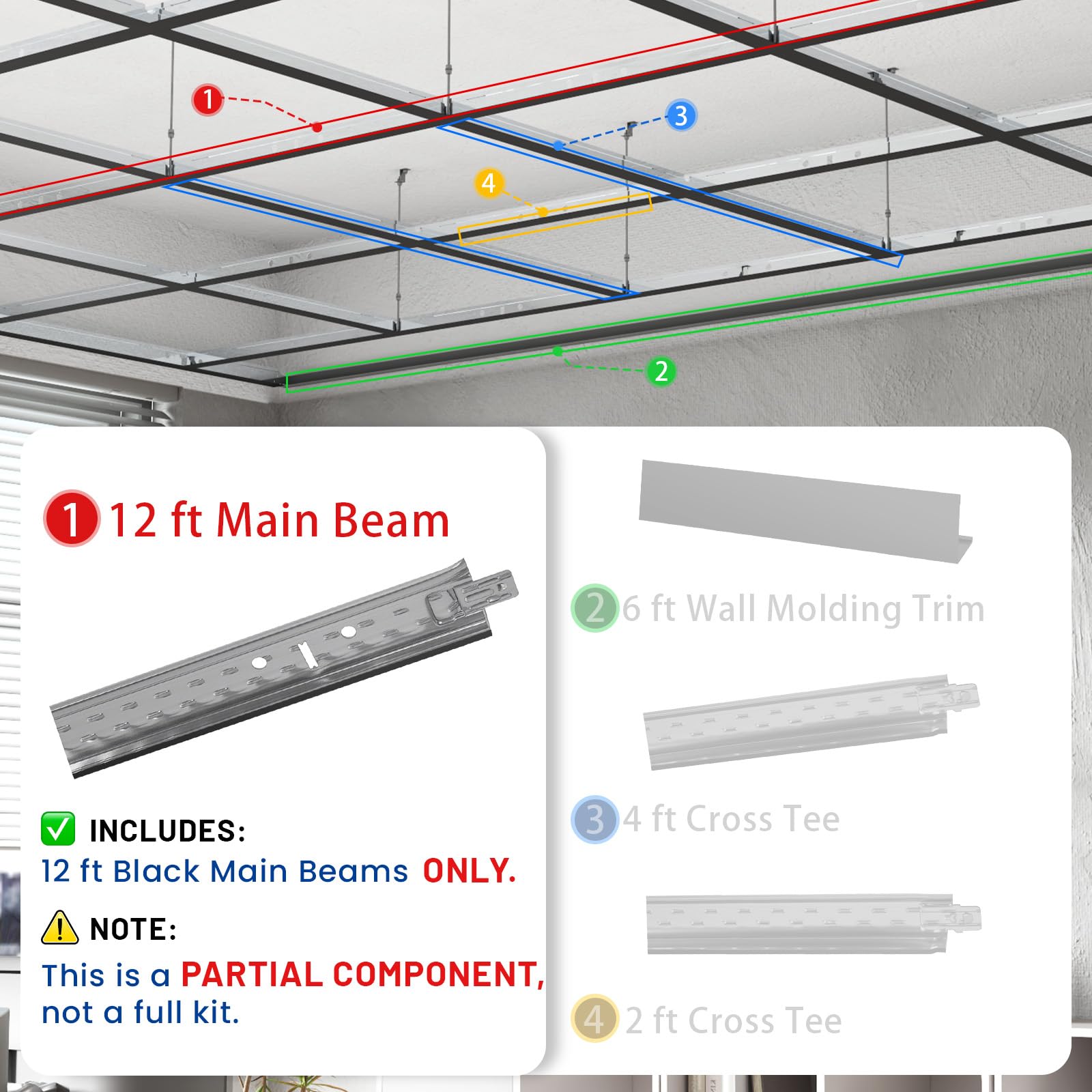 LooYee 10 PCS 12/6/4/2 Ft Galvanized Steel White/Black Cross Tee Drop Ceiling Grid System