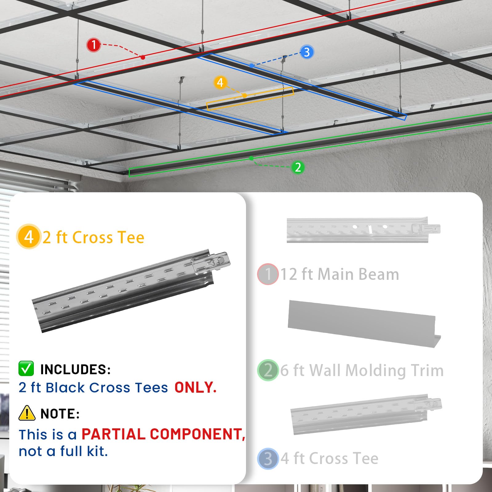 LooYee 10 PCS 12/6/4/2 Ft Galvanized Steel White/Black Cross Tee Drop Ceiling Grid System