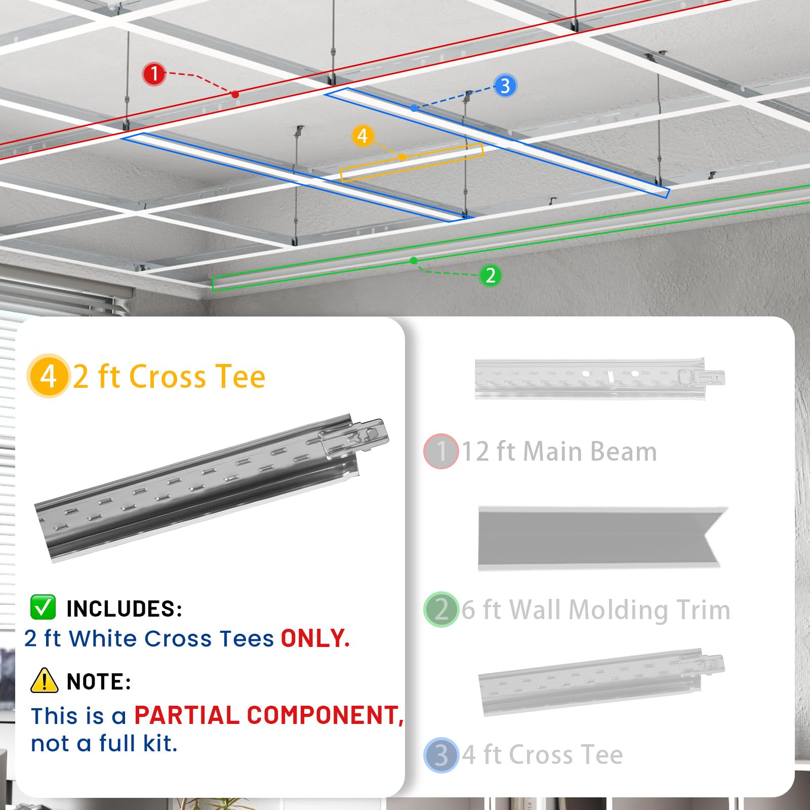LooYee 10 PCS 12/6/4/2 Ft Galvanized Steel White/Black Cross Tee Drop Ceiling Grid System