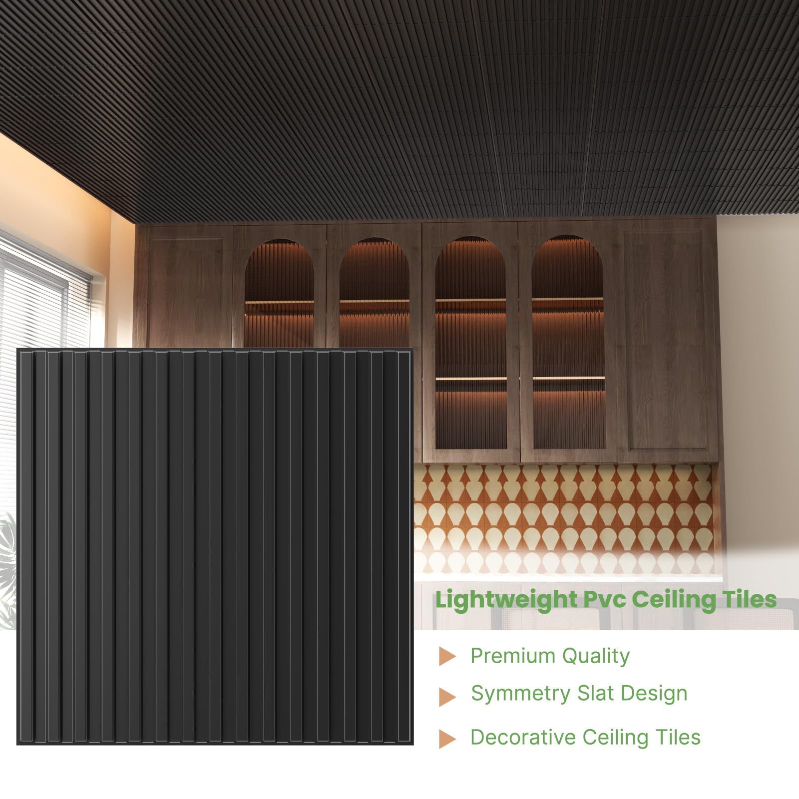 LooYee 24 PCS 2x2/2x4 FT PVC Black/White Fluted Slat Drop Ceiling Tiles, Waterproof, Cover 96/192 Sq.Ft