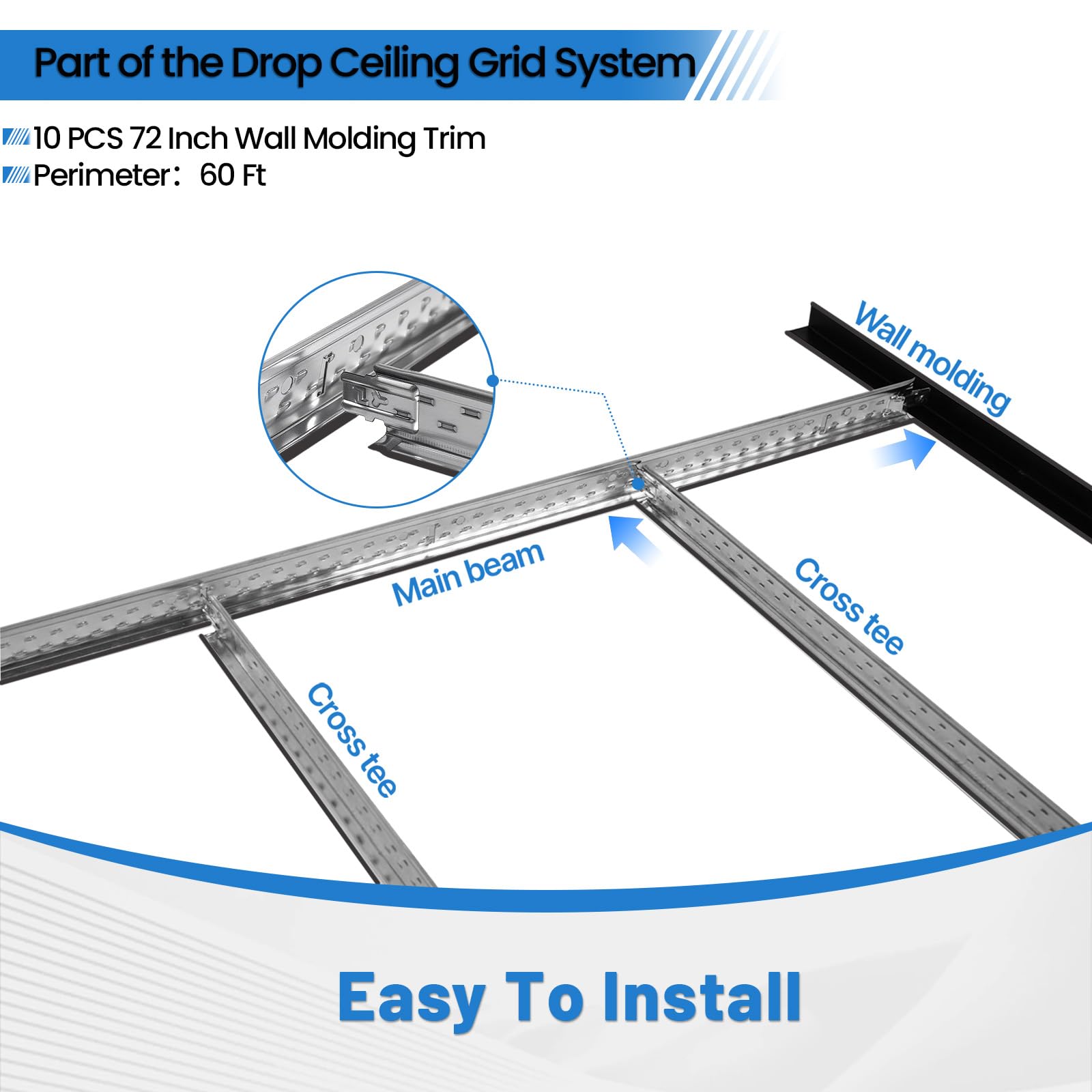 LooYee 10 PCS 72 Inch Galvanized Steel Black Wall Molding Trim Drop Ceiling Grid System, Rust & Fire Resistance
