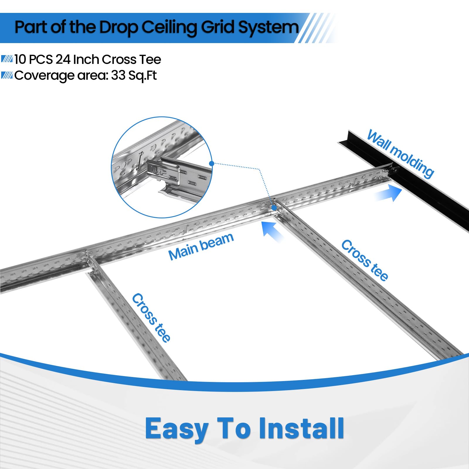 LooYee 10 PCS 12/6/4/2 Ft Galvanized Steel White/Black Cross Tee Drop Ceiling Grid System