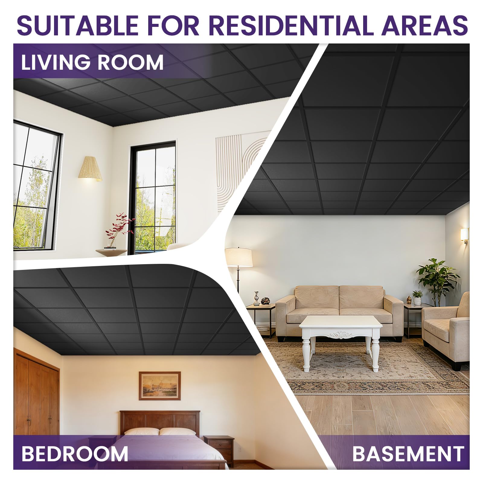 LooYee 24/20/12 PCS 2x2/2x4 FT PVC White/Black Smooth Drop Ceiling Tiles, Waterproof Fire-Rated Reusable, Cover 160/96 Sq.Ft