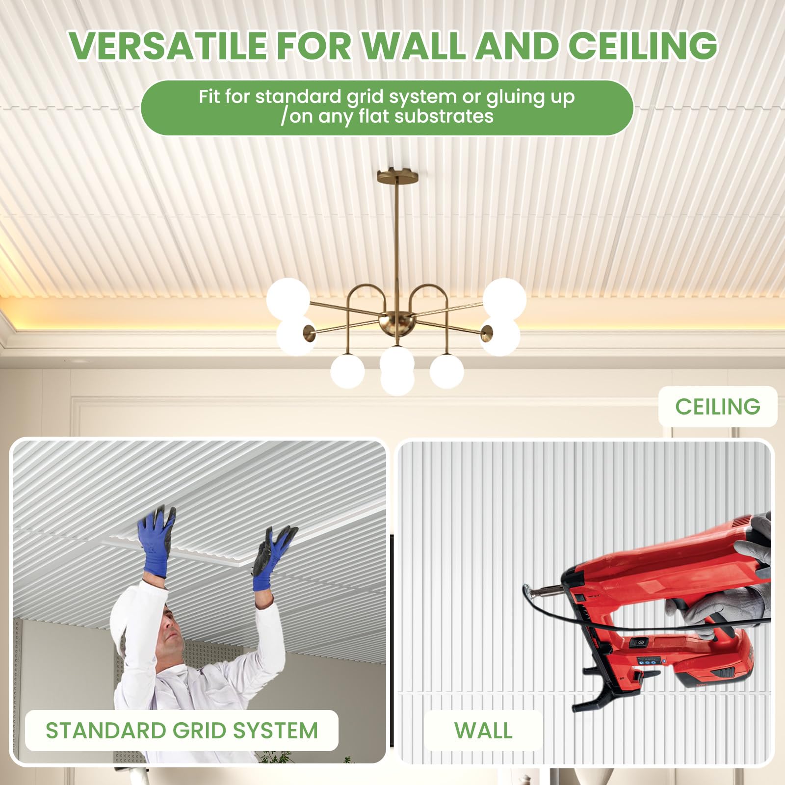 LooYee 6 PCS 2x4 FT PVC White Fluted Slat Ceiling Tiles, Waterproof, Cover 48 Sq.Ft