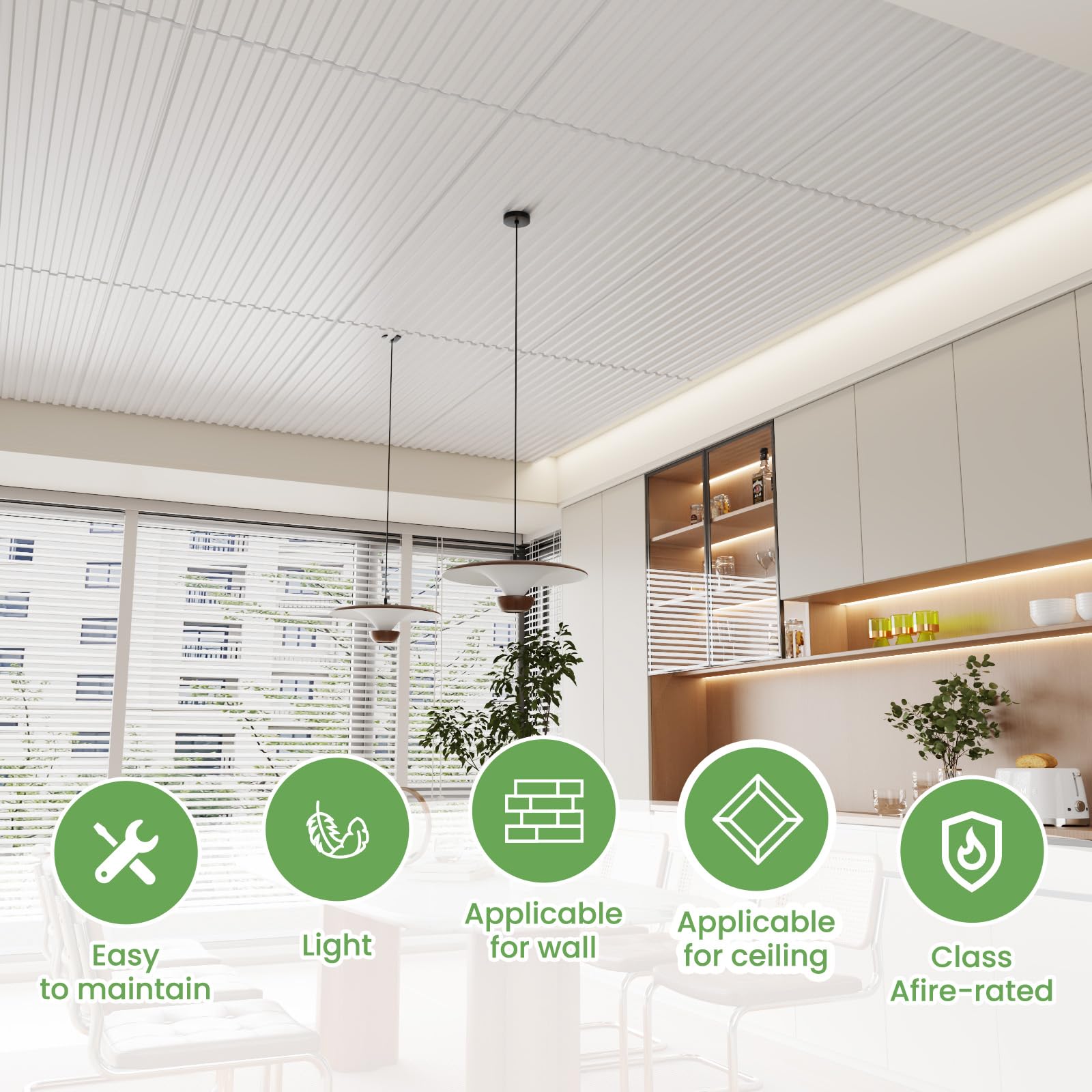 LooYee 6 PCS 2x4 FT PVC White Fluted Slat Ceiling Tiles, Waterproof, Cover 48 Sq.Ft