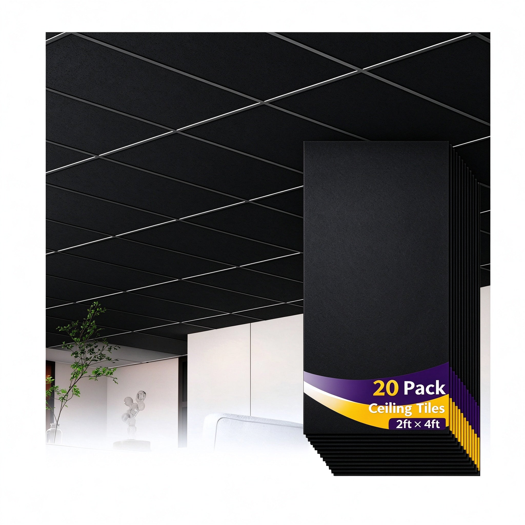 LooYee 24/20/12 PCS 2x2/2x4 FT PVC White/Black Smooth Drop Ceiling Tiles, Waterproof Fire-Rated Reusable, Cover 160/96 Sq.Ft