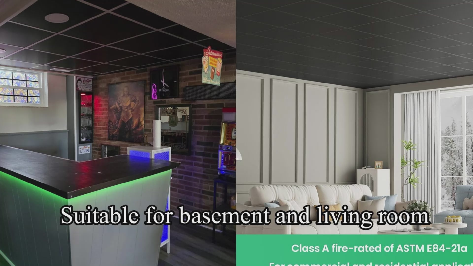 LooYee 24/20/12 PCS 2x2/2x4 FT PVC White/Black Smooth Drop Ceiling Tiles, Waterproof Fire-Rated Reusable, Cover 160/96 Sq.Ft